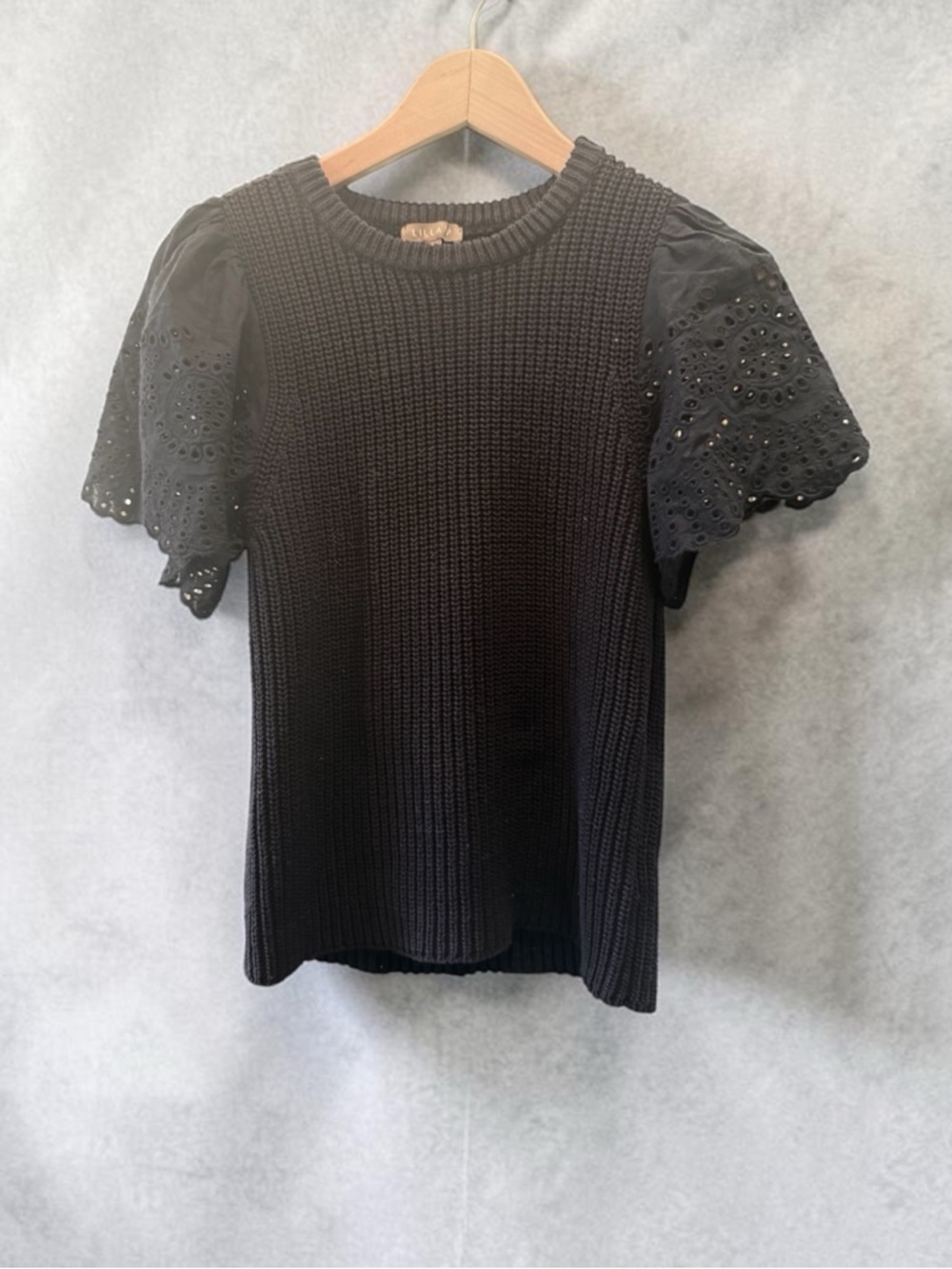 Lilla P Navy Blue Knit Tee with Eyelet Puff Sleeves